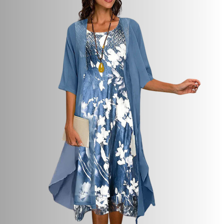 Close-up of the Florimay elegant 2-piece set showing floral print detail and lightweight fabric drape