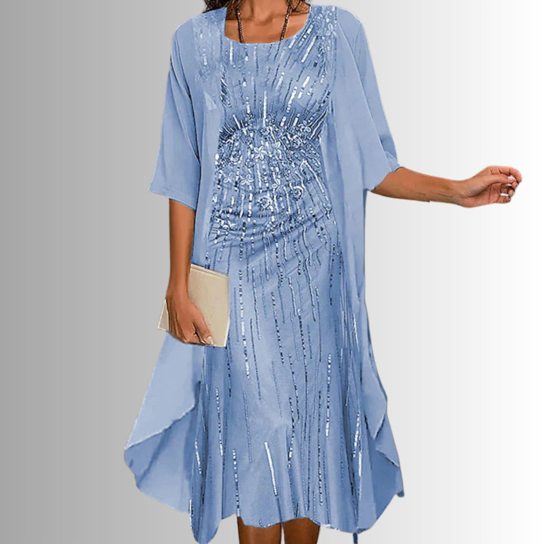 Model wearing the Florimay 2-piece set in floral blue colorway, full-length front view