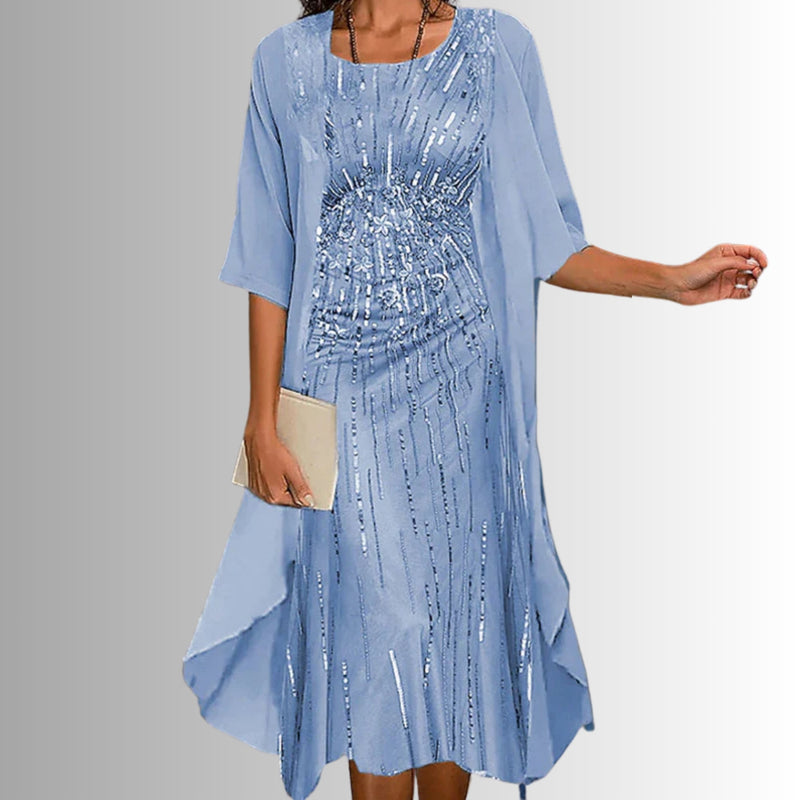 Model wearing the Florimay 2-piece set in floral blue colorway, full-length front view