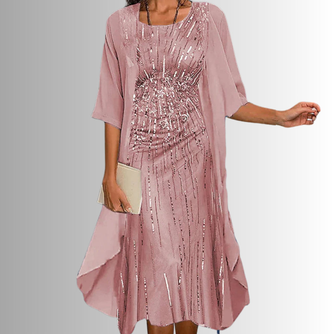 Side view of model in the Florimay lightweight floral 2-piece set showing relaxed silhouette