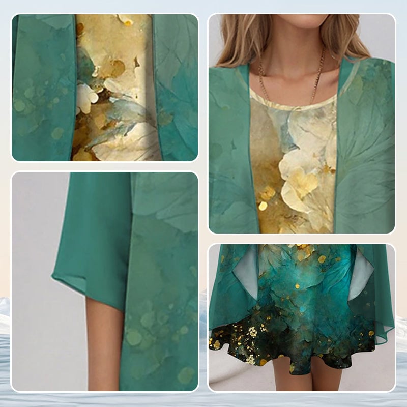 Flat lay of the Florimay elegant 2-piece blouse and dress set in multiple color options