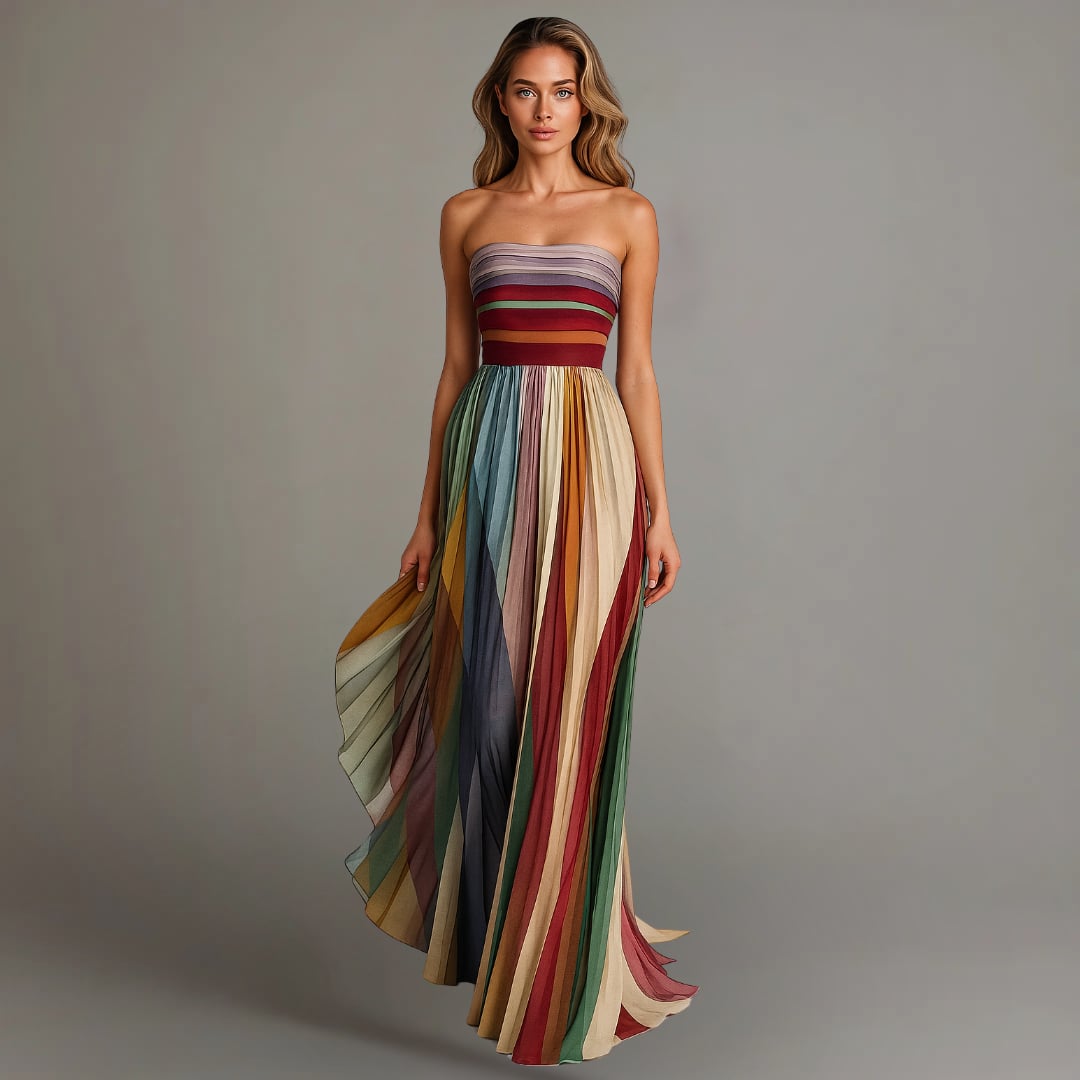 Front view of a strapless pleated maxi dress in deep jewel tones, flowing gracefully to the floor