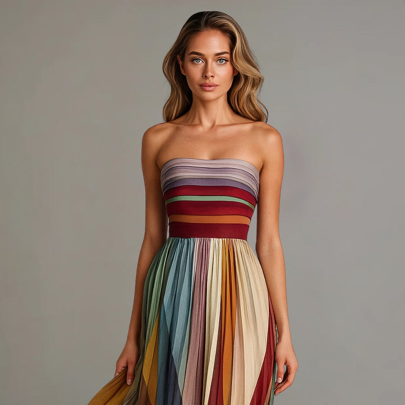 Side detail of the pleated skirt on a strapless holiday maxi dress showing rich multi-tonal color and movement