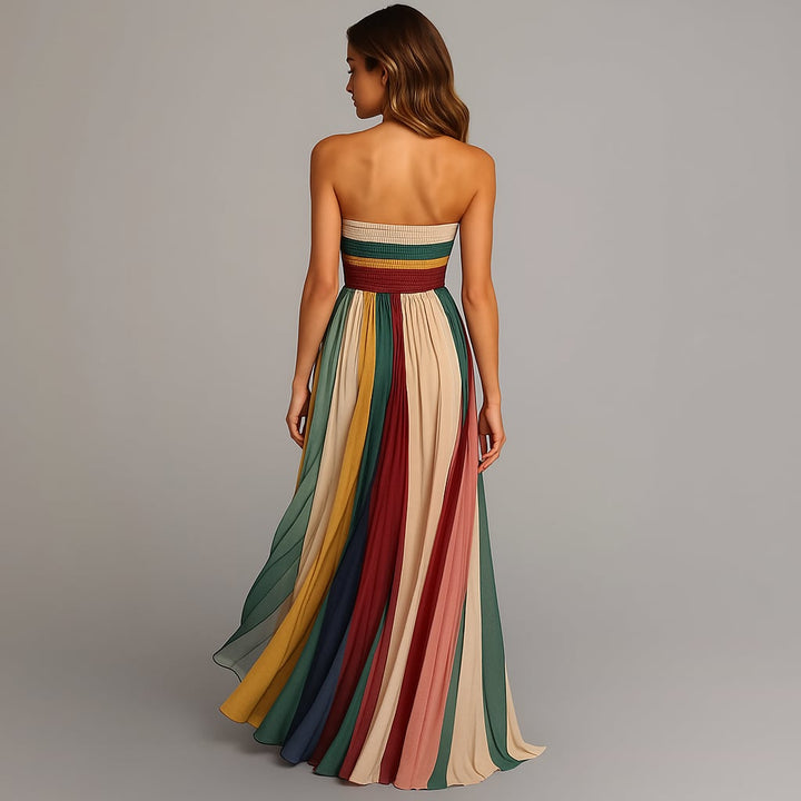 Full-length front view of the holiday maxi dress styled for a festive evening occasion
