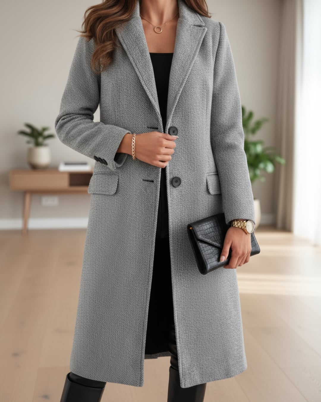 Woman wearing the Judith elegant long coat in a neutral tone, showcasing the tailored waist-defining silhouette