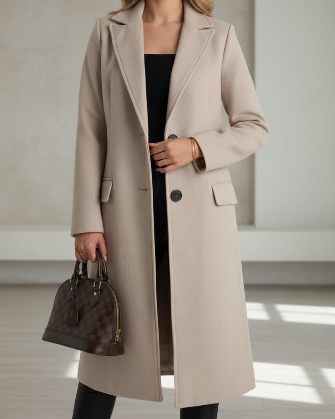 Front view of the Judith long coat highlighting its structured shoulders and elongating full-length cut