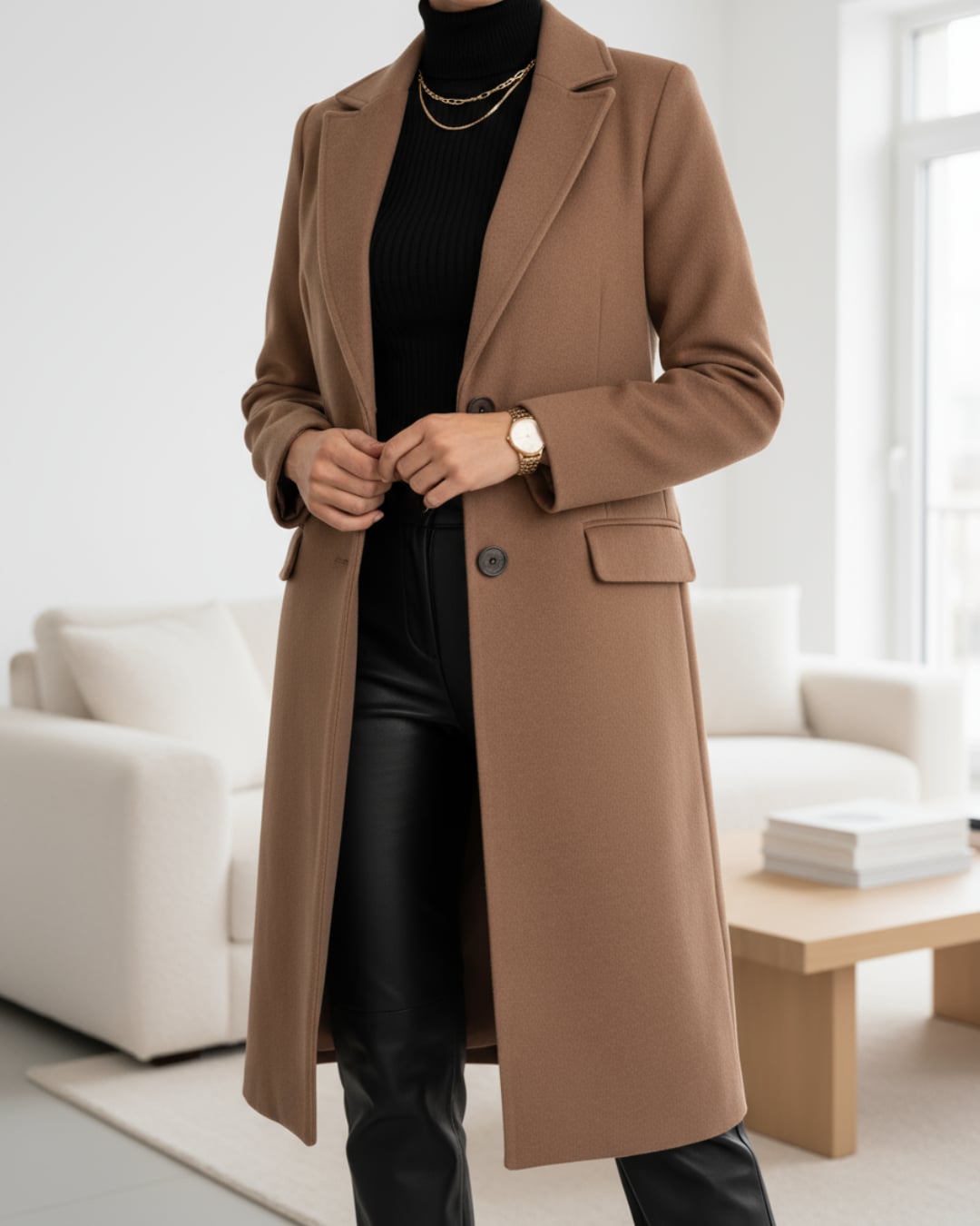 Close-up detail of the Judith long coat fabric and clean streamlined design