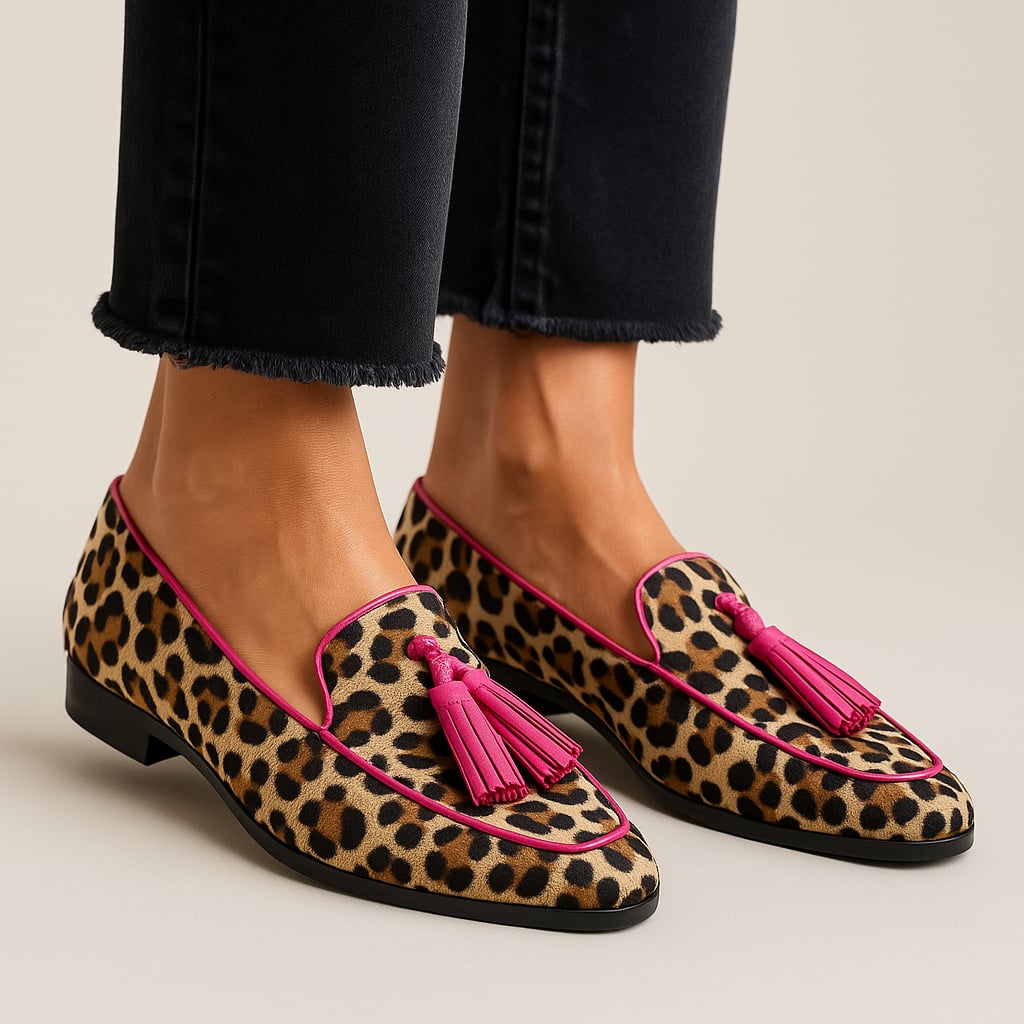 Brown and pink tassel loafers with a sleek silhouette and delicate tassel detailing at the front