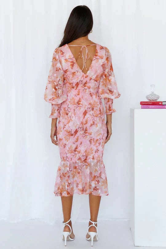 Full-length front view of the Julia floral dress in green colorway
