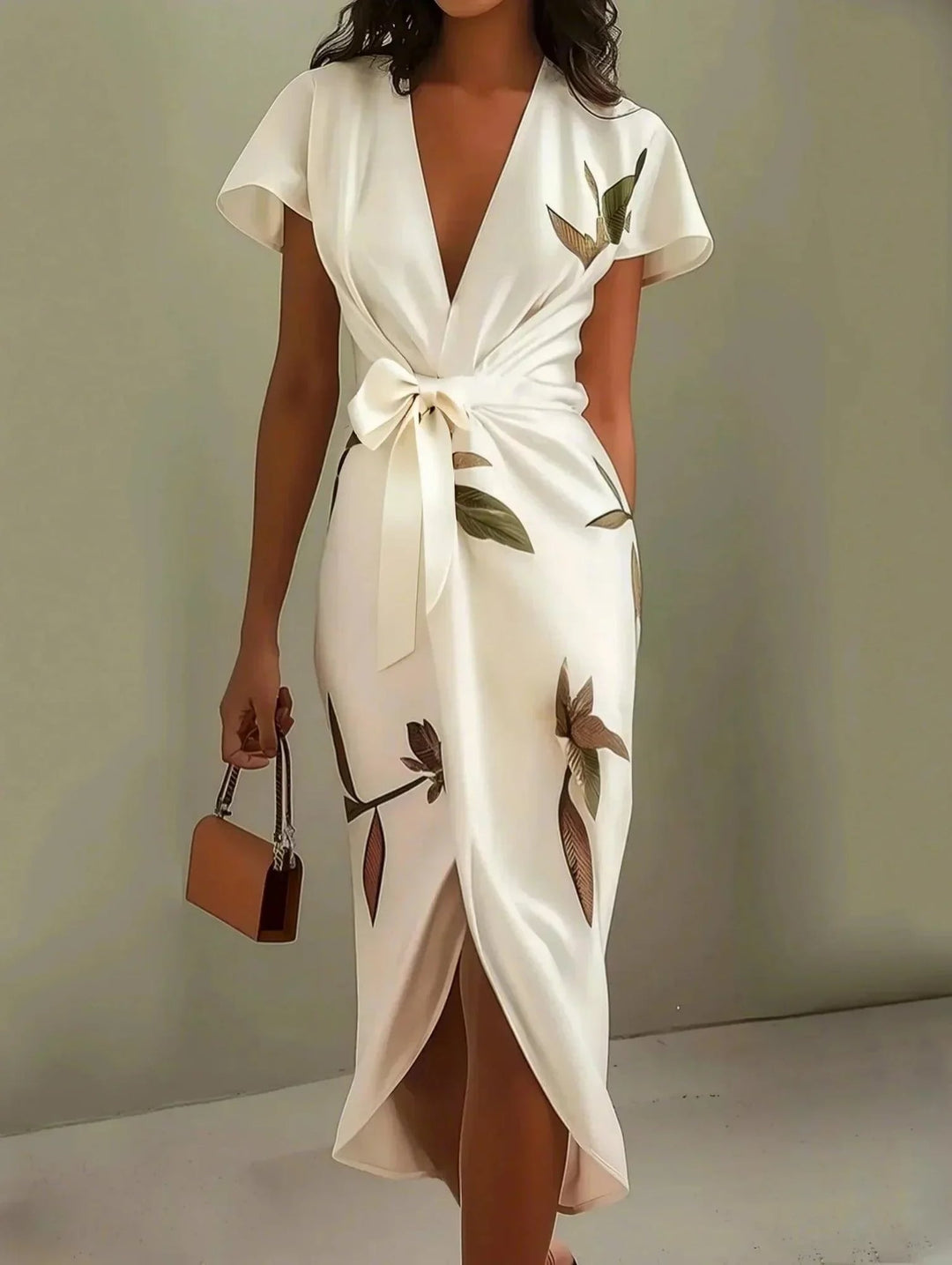 Woman wearing a white leaf-print wrap dress with tie belt, flowing silhouette, front view