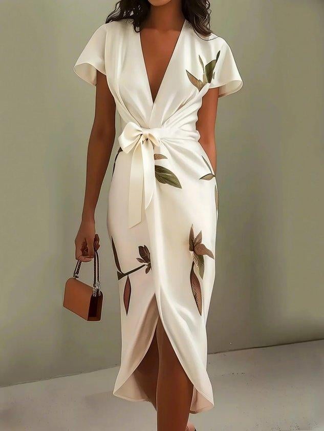 Woman in light blue leaf-print wrap dress showing adjustable tie waist detail