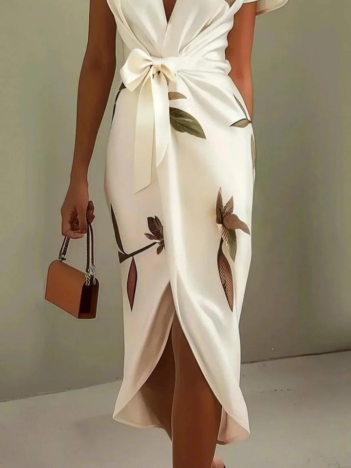 Full-length back view of the white wrap dress with elegant drape