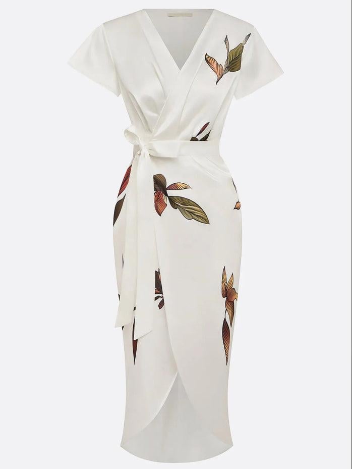 Light blue wrap dress styled with heeled sandals for an evening look
