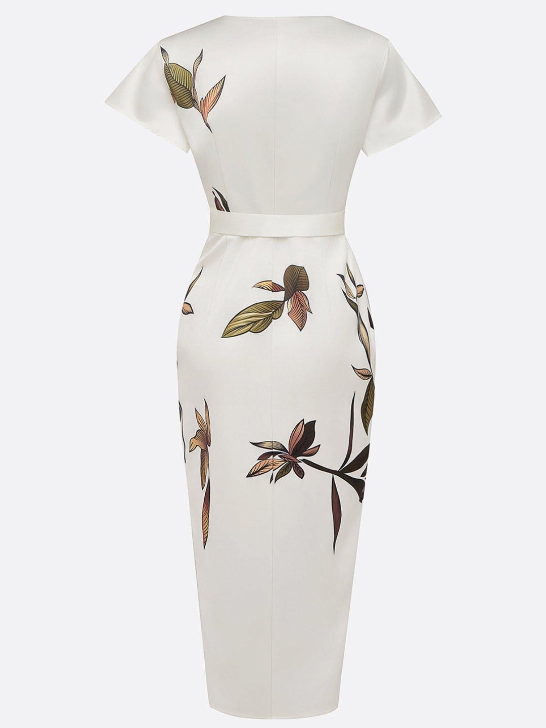 Detail shot of the tie belt cinching the waist on the wrap dress