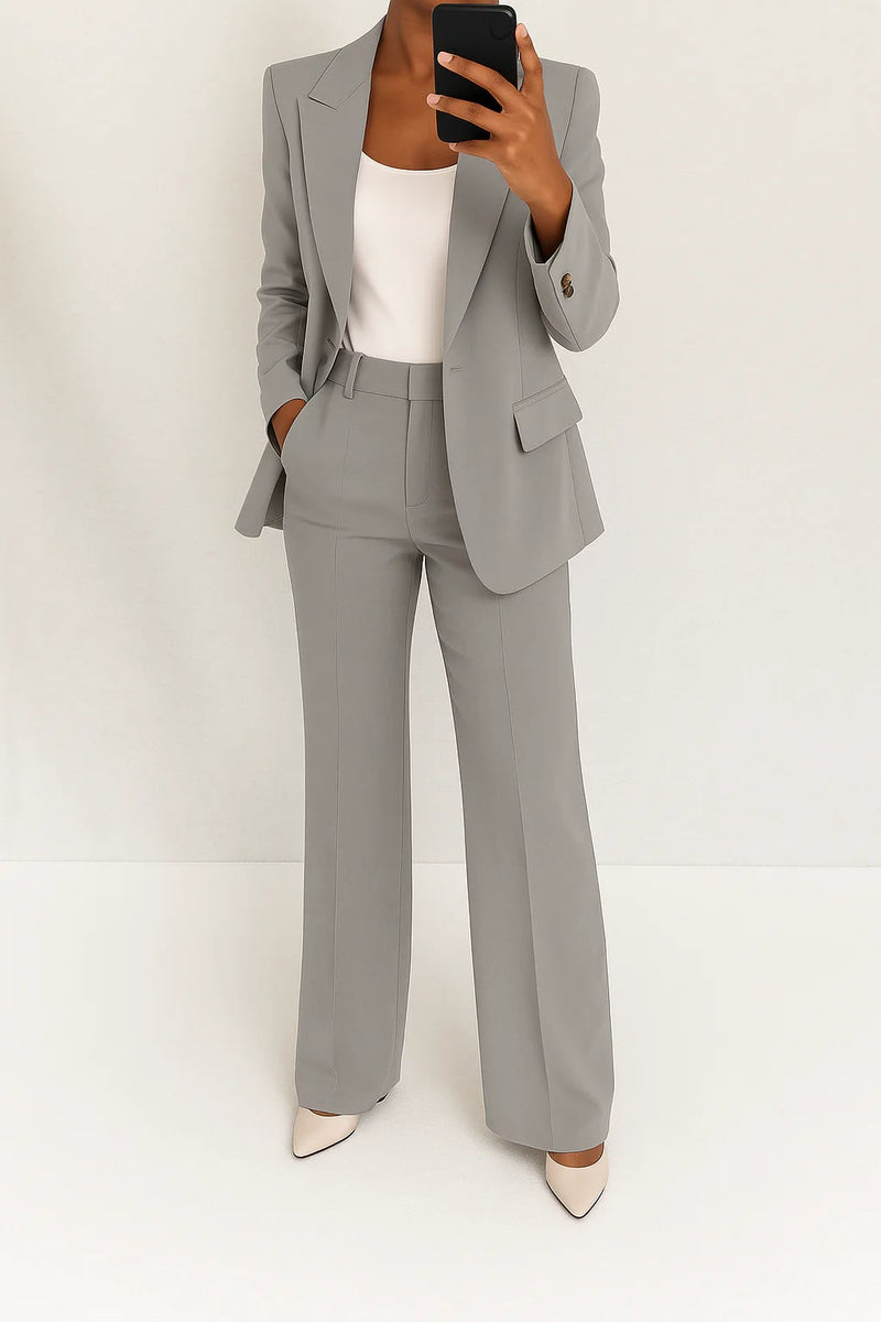 Front view of the Julie women's suit set showing structured blazer and wide-leg pants in a neutral color