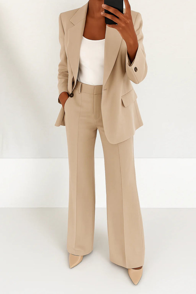 Close-up detail of the Julie two-piece suit fabric and tailored lapel construction