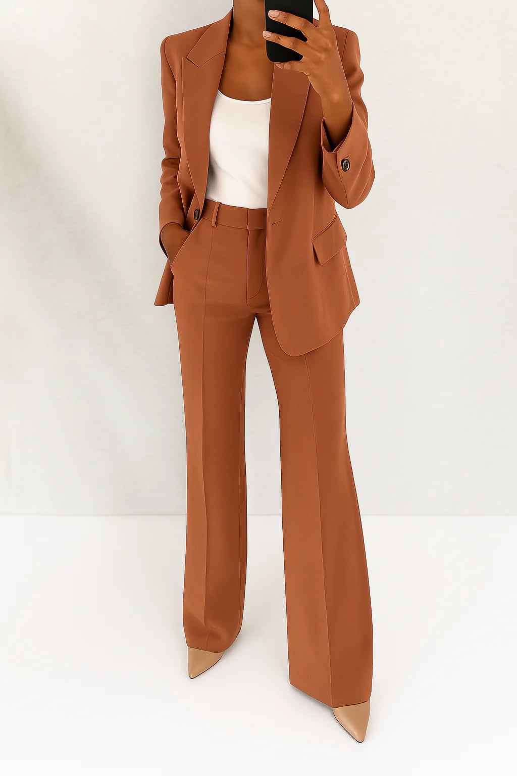 Julie two-piece suit styled casually with loafers, showing versatile everyday wear