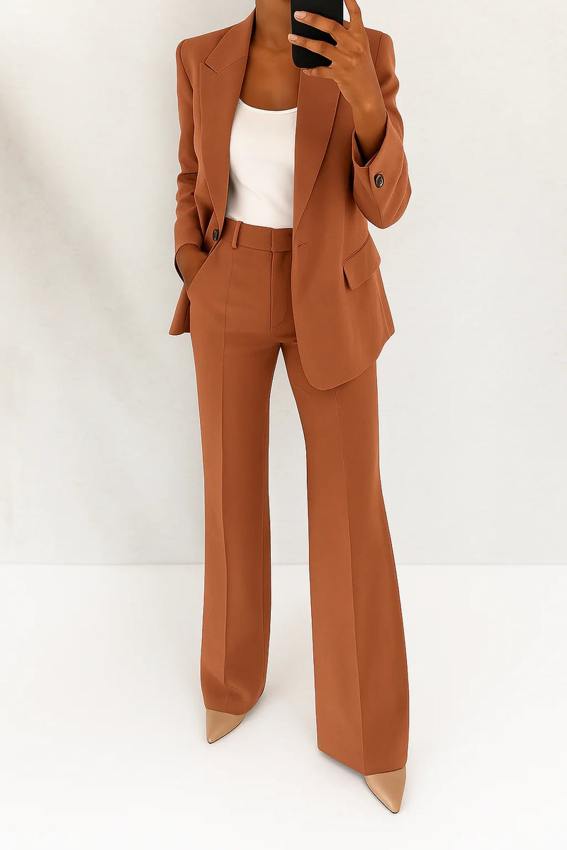 Julie two-piece suit styled casually with loafers, showing versatile everyday wear