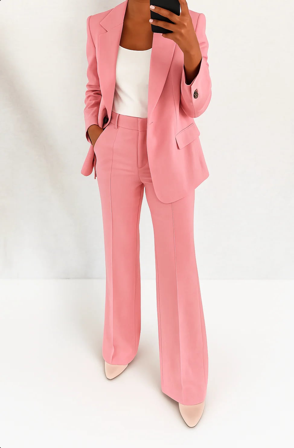 Full-length side view of the Julie women's blazer and pants set in a solid color