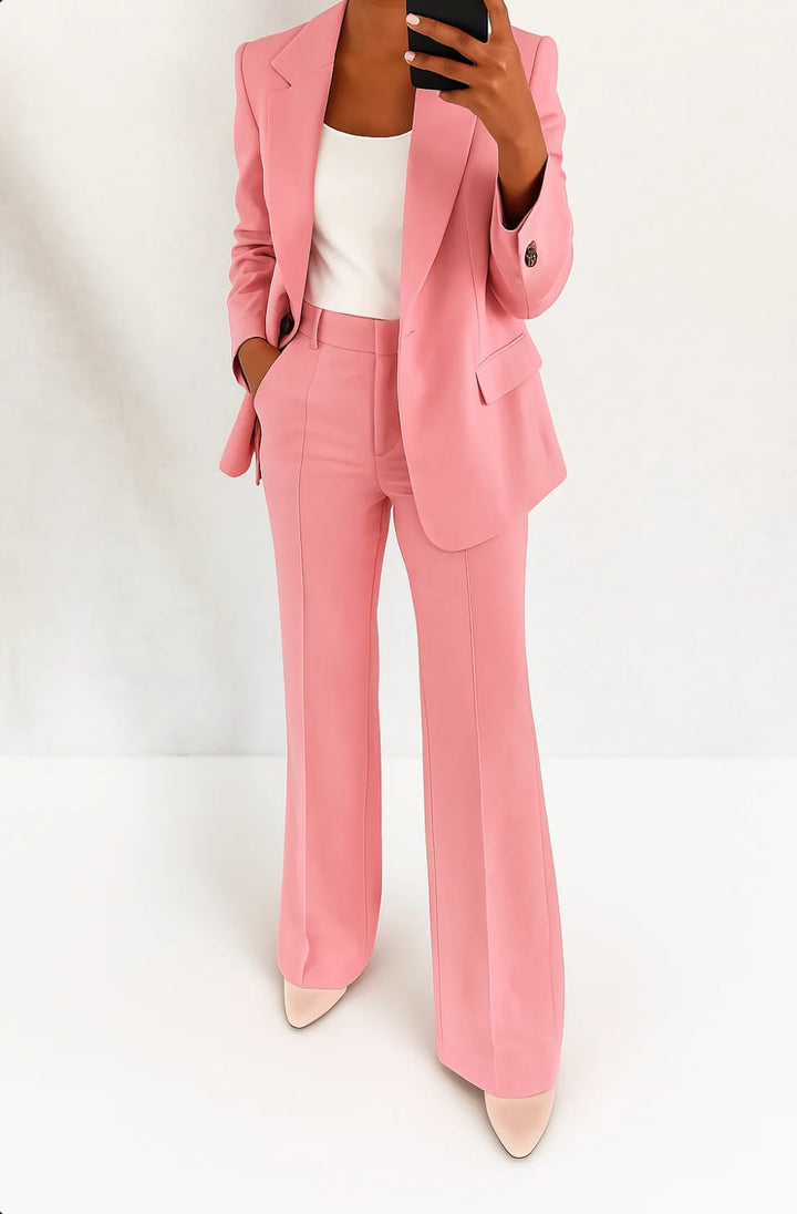 Full-length side view of the Julie women's blazer and pants set in a solid color