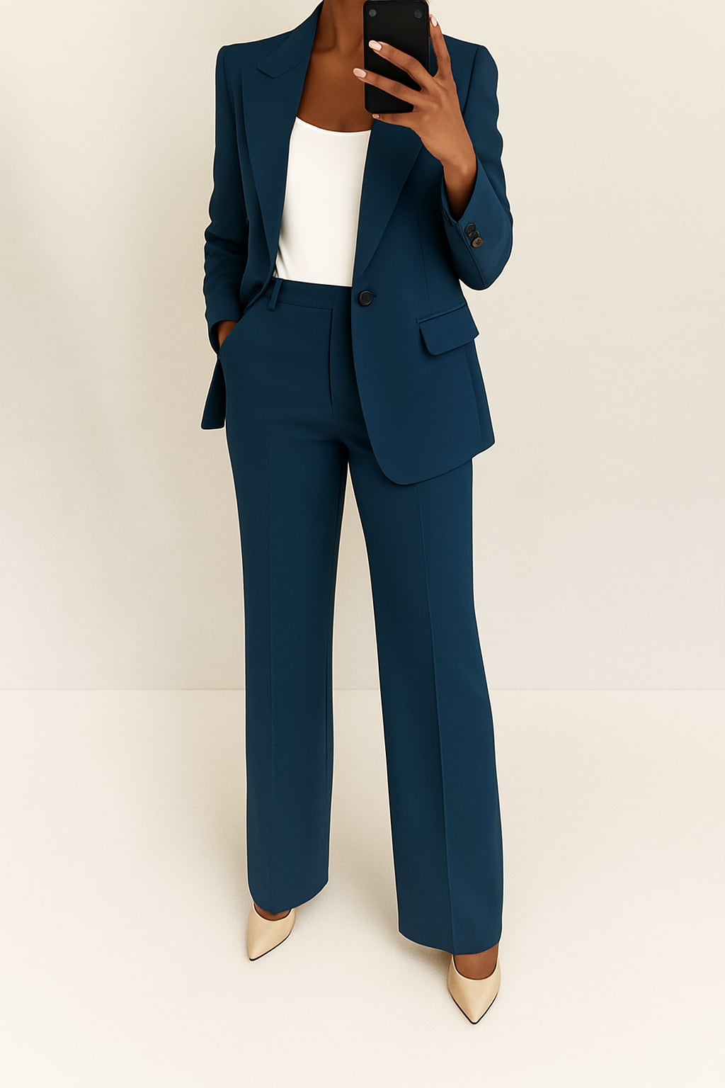 Model wearing the Julie two-piece suit in navy blue, demonstrating the flattering structured fit