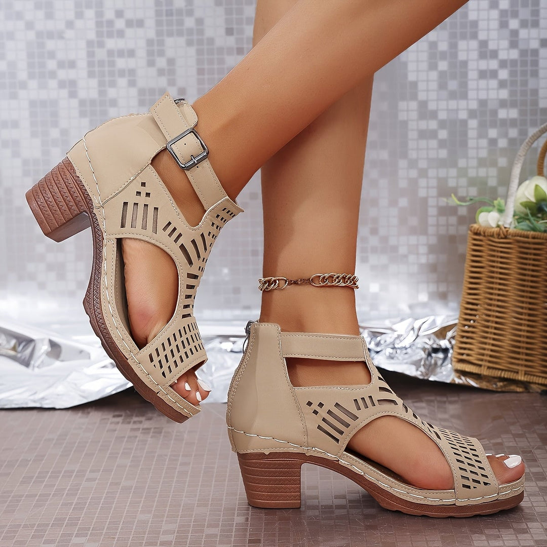 Juliette women's block heel sandals in beige, angled view highlighting block heel