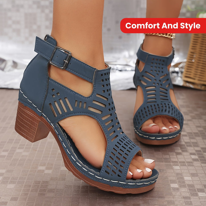 Close-up of Juliette sandal cushioned insole and supportive block heel construction