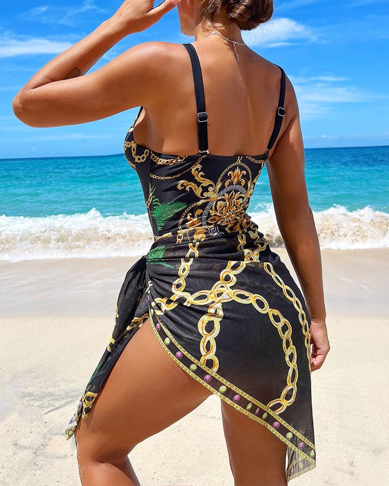 Side view of the Juliette black swimsuit and coordinating beach skirt highlighting the flowy silhouette