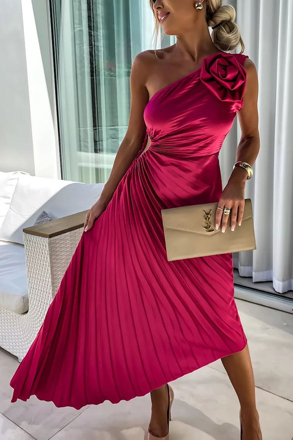 Front view of the Juliette floral dress in red with a flowing skirt and waist-defining silhouette