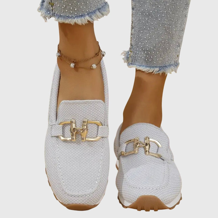 June orthopedic loafers in gray styled with jeans, side profile