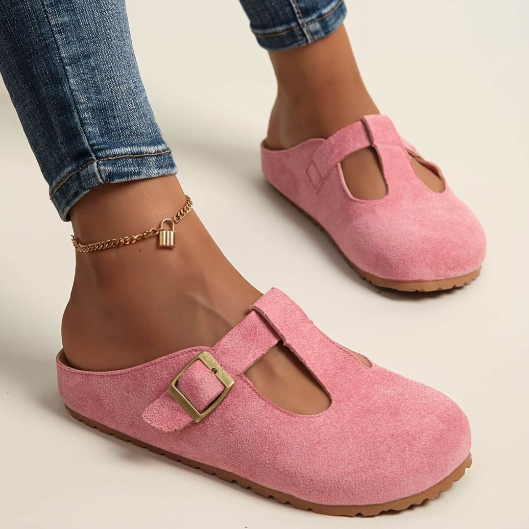 Florimay Juniper yellow clogs side profile highlighting slip-on silhouette and buckle detail