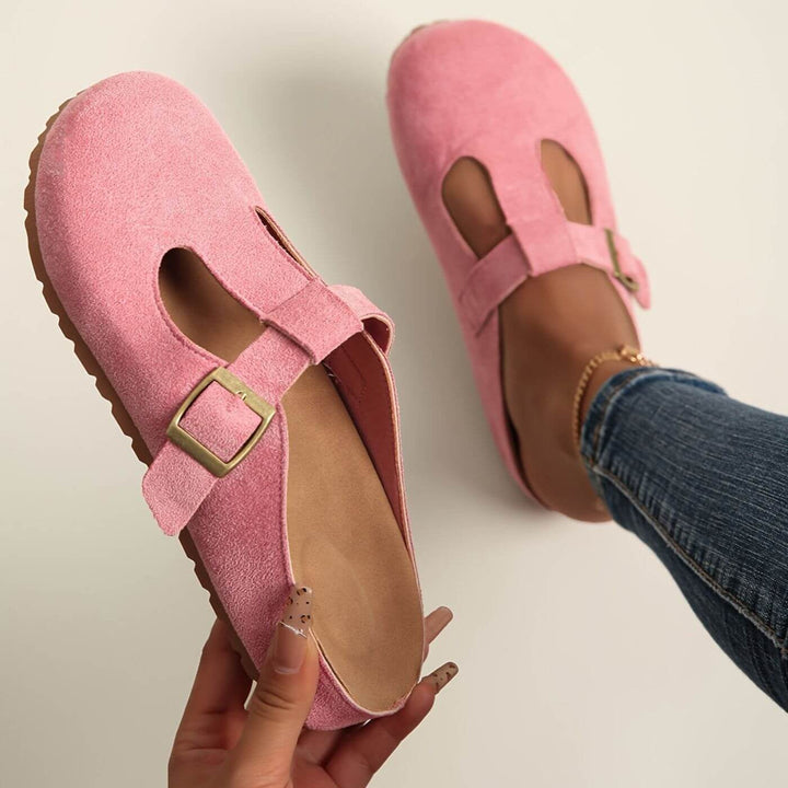 Florimay Juniper clogs in pink colorway with adjustable buckle strap, flat lay