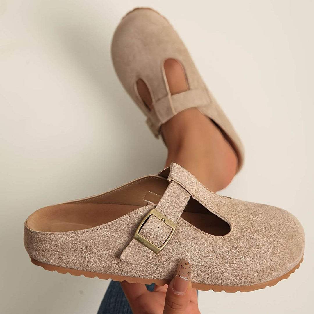 Florimay Juniper khaki buckle clogs angled view on neutral background