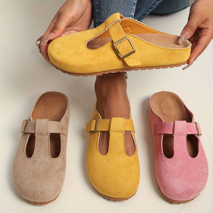 Close-up of adjustable buckle strap detail on Florimay Juniper women's clogs