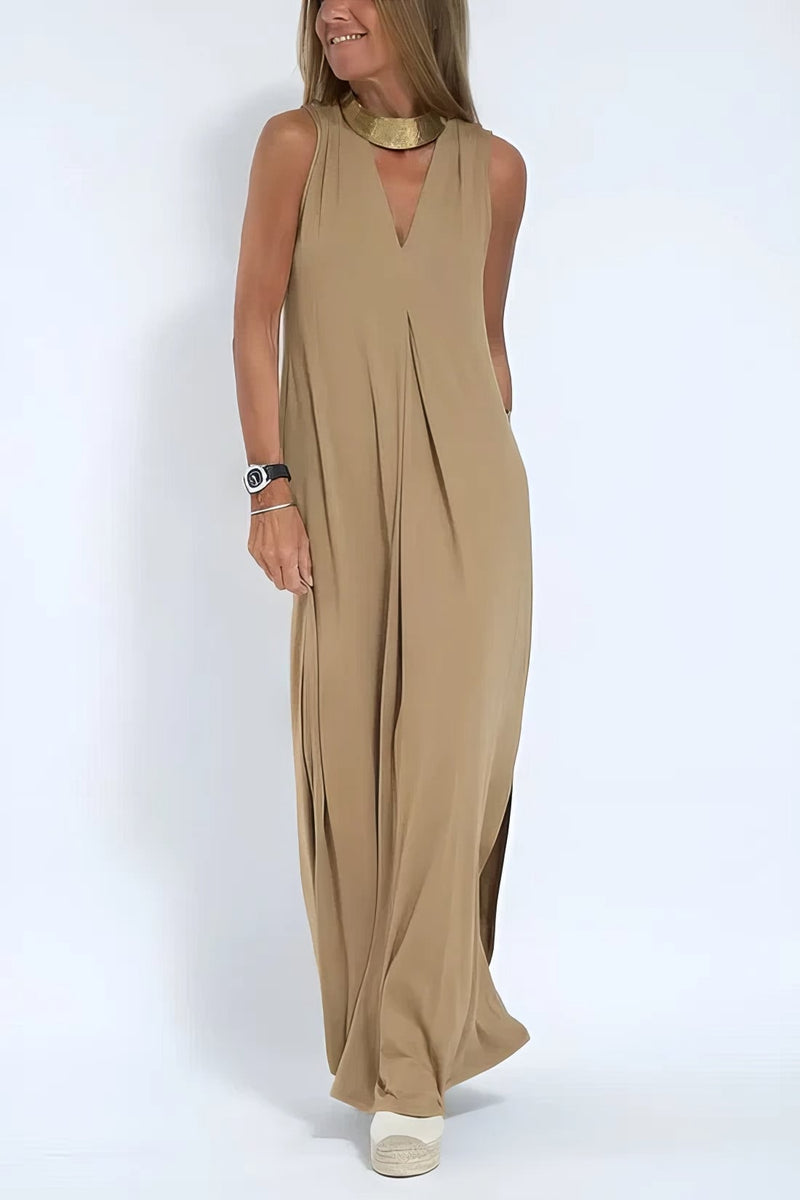Model in a coffee-colored long dress and cardigan set, highlighting the lightweight breathable fabric