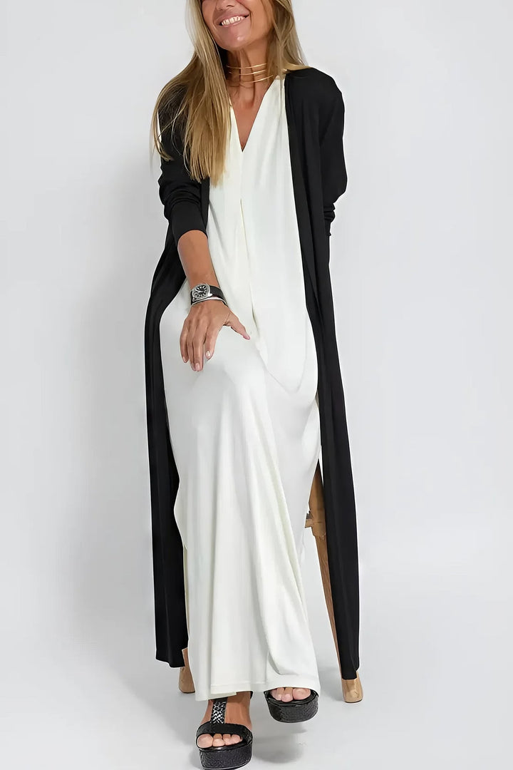 Model wearing a coffee long dress and cardigan set styled for a casual weekend outing