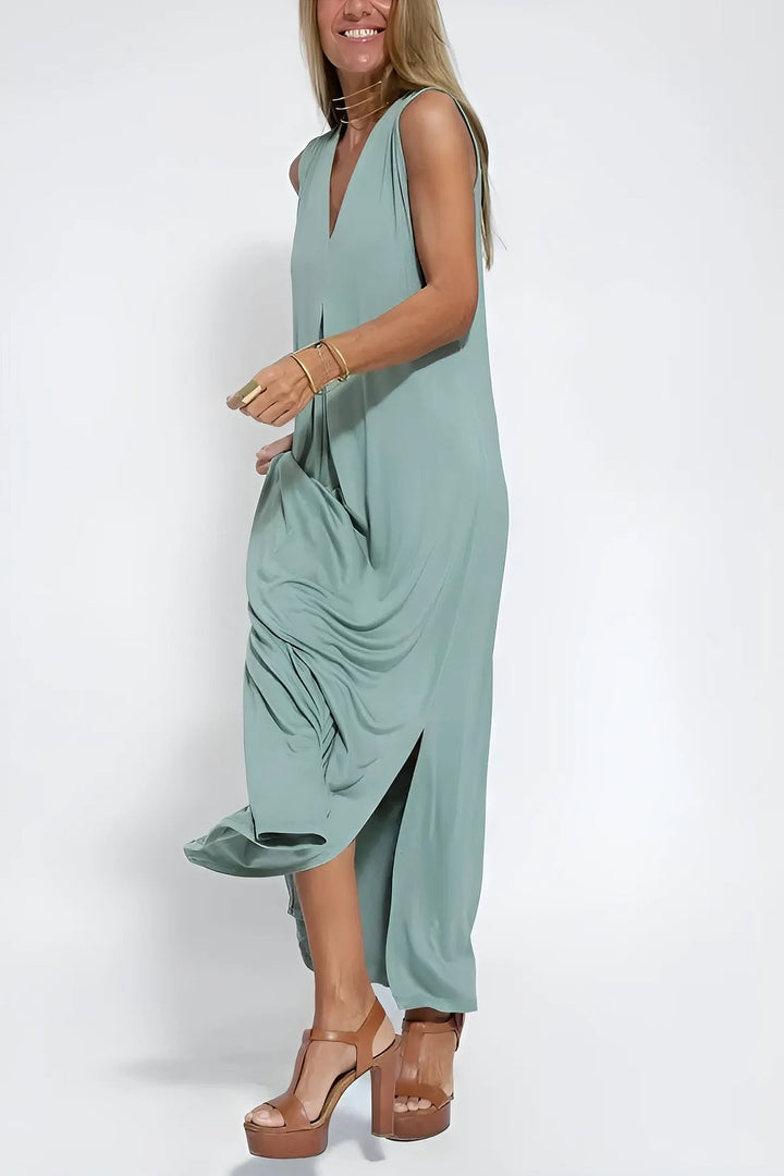 Coffee-colored elegant long dress with cardigan styled for a business-casual look
