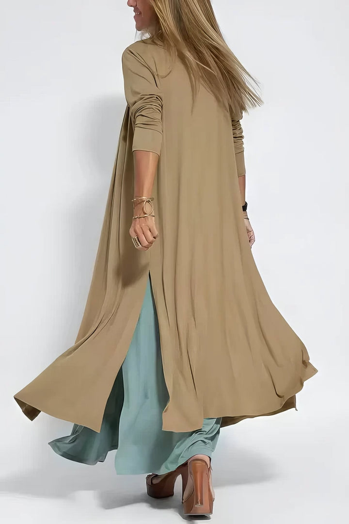 Black long dress with matching cardigan, full-length front view showing the elongated elegant design