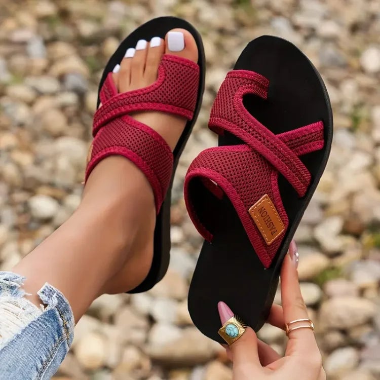 Juno orthopedic sandals in red with adjustable straps on a clean white background