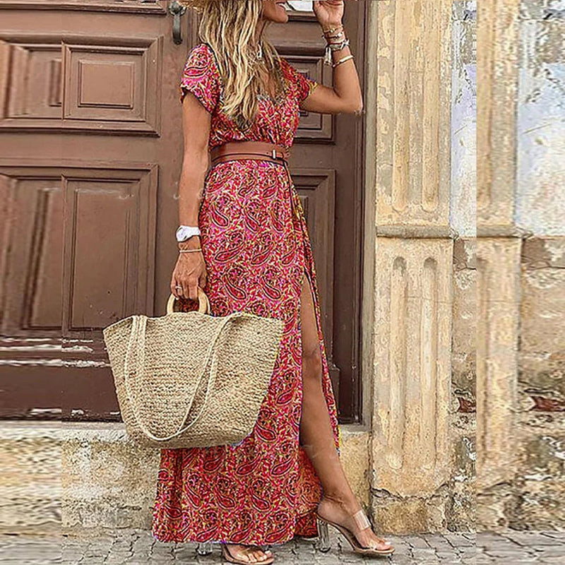 Side view of gray boho maxi dress showing lightweight flowing fabric and belt detail