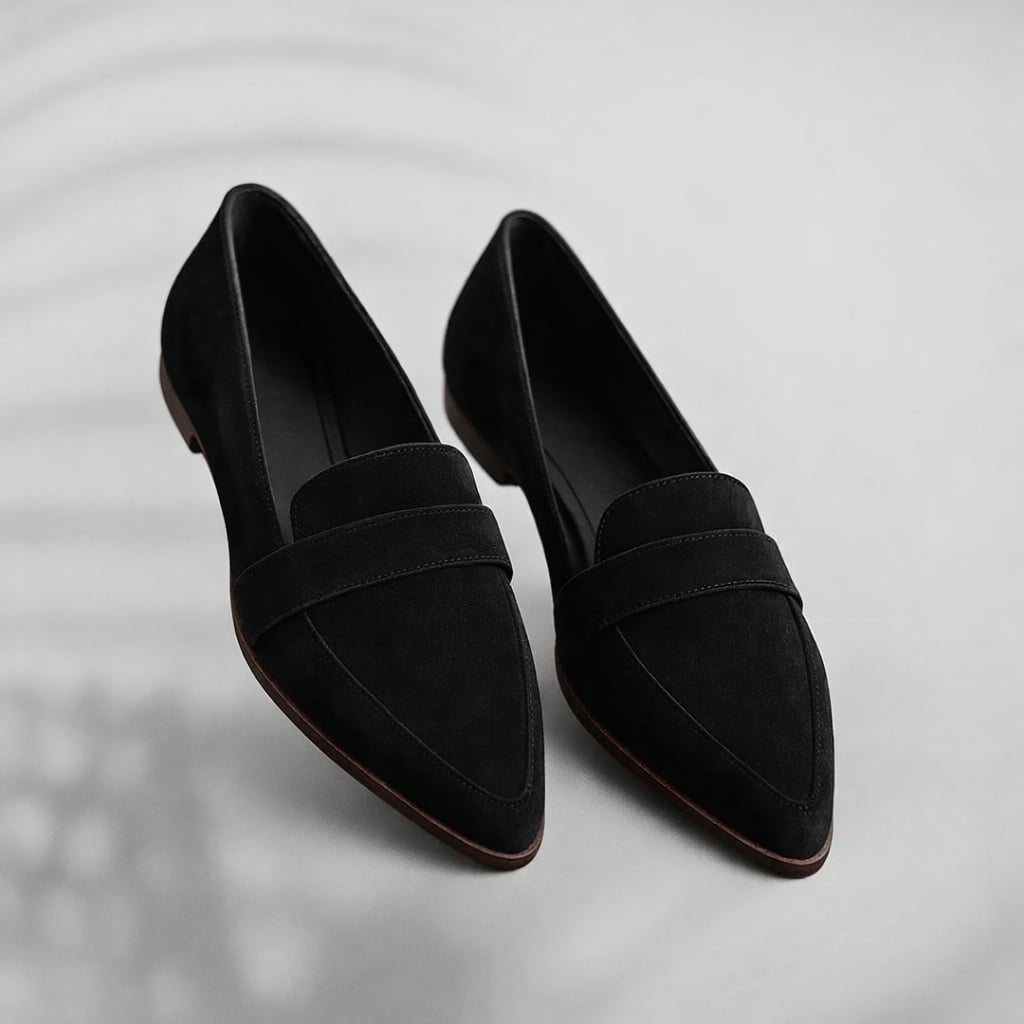Kaitlyn sleek toe loafers in black with a clean elongated silhouette on a neutral background
