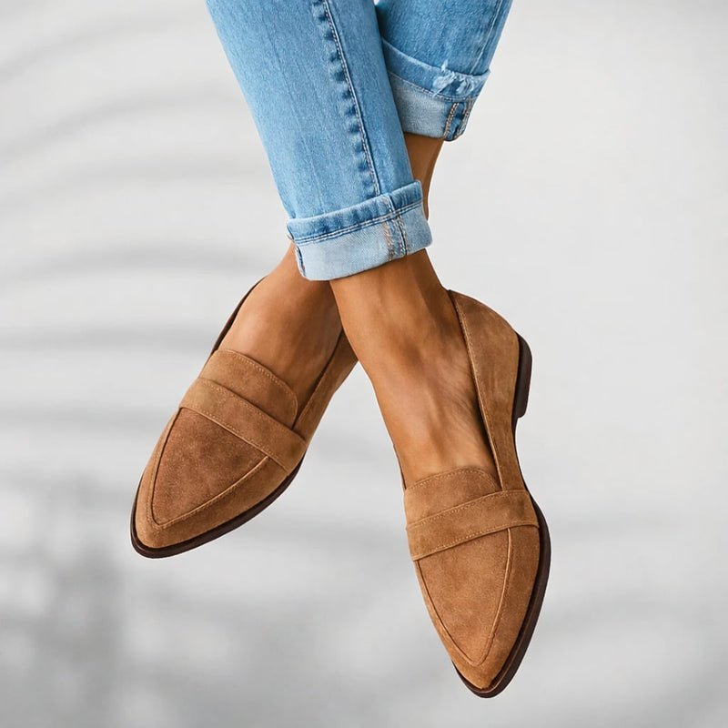 Kaitlyn loafers in grey styled with tailored trousers for a smart-casual office look