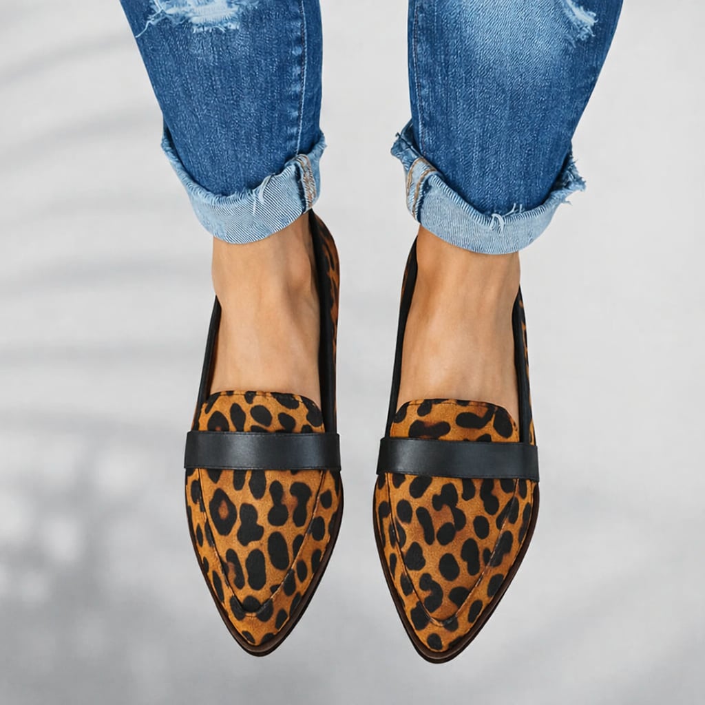 Kaitlyn sleek toe loafers in khaki paired with a midi skirt on a light background