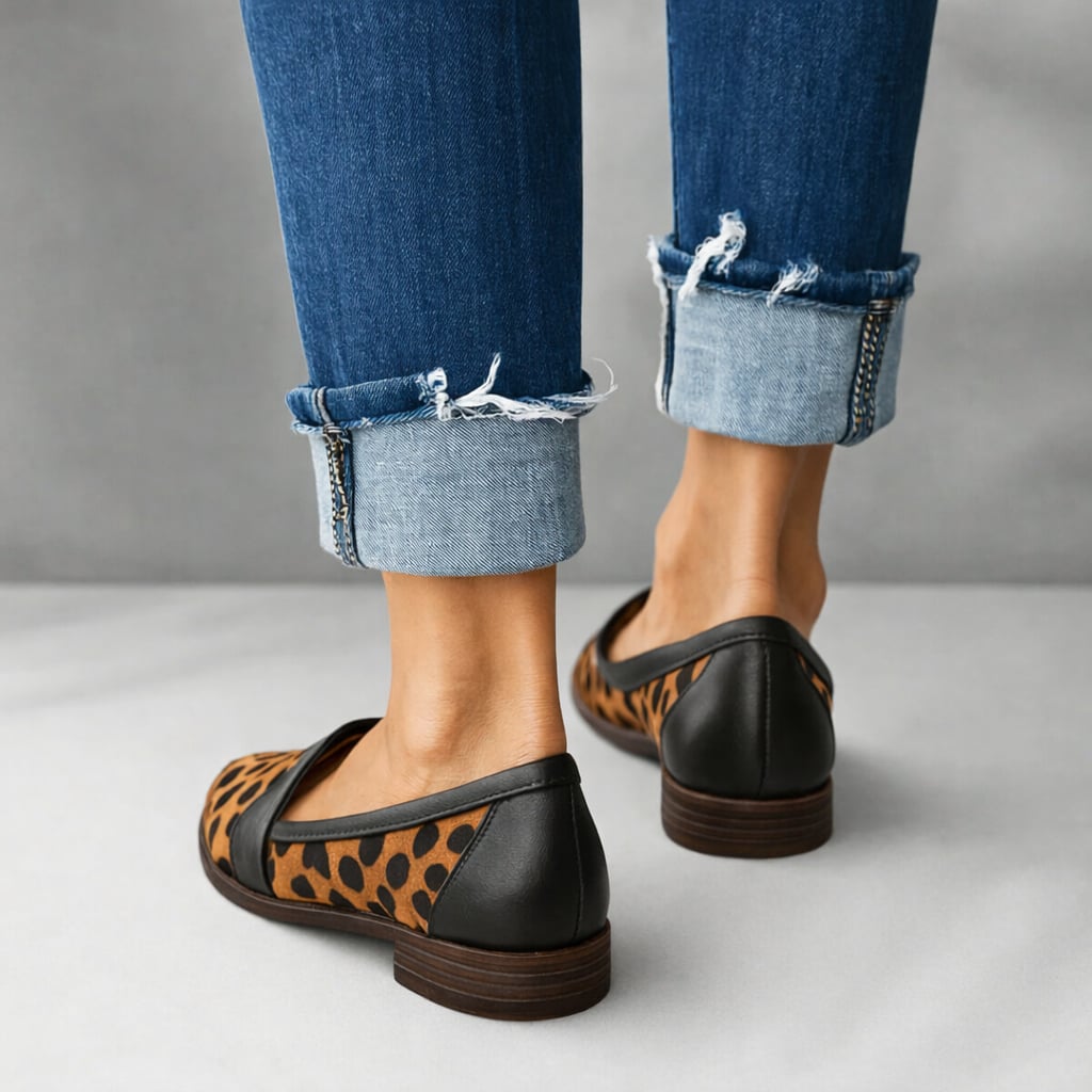 Model wearing Kaitlyn sleek toe loafers with denim jeans for a polished casual outfit