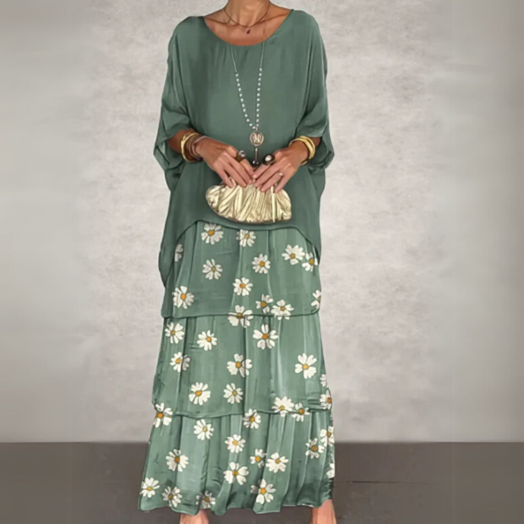 Front view of a long flowing dress showing its flattering fit and lightweight fabric