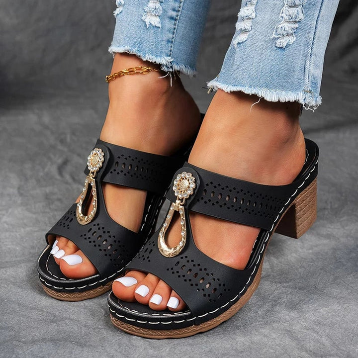 Women's chic slip-on orthopedic wedge sandal with sparkling stone accent in black, side view
