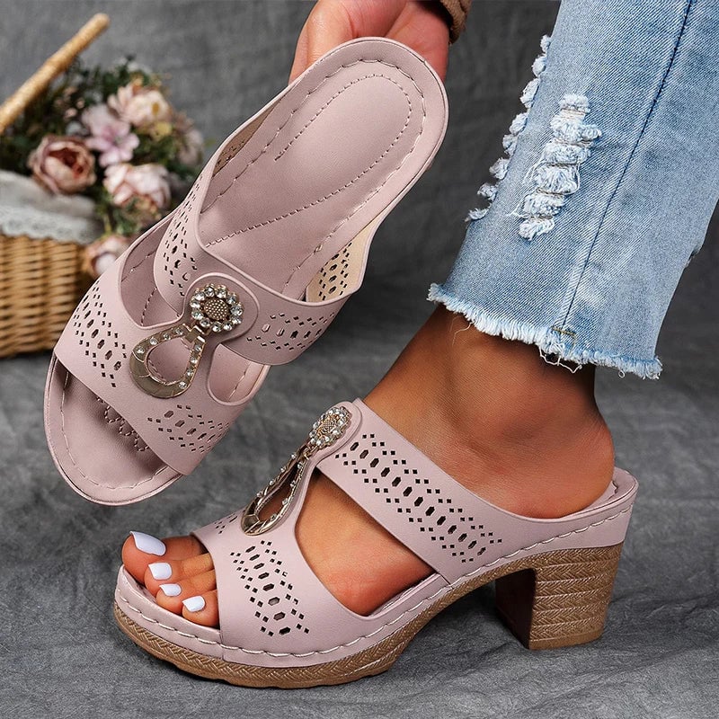 Women's orthopedic wedge sandal in blue with subtle perforations and 2-inch wedge heel