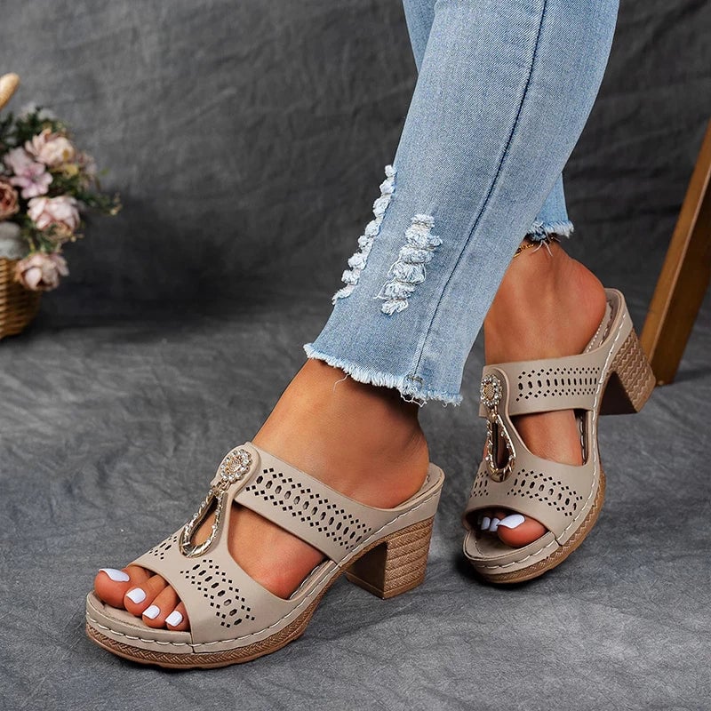 Side profile of women's orthopedic wedge sandal highlighting the 2-inch stabilizing wedge