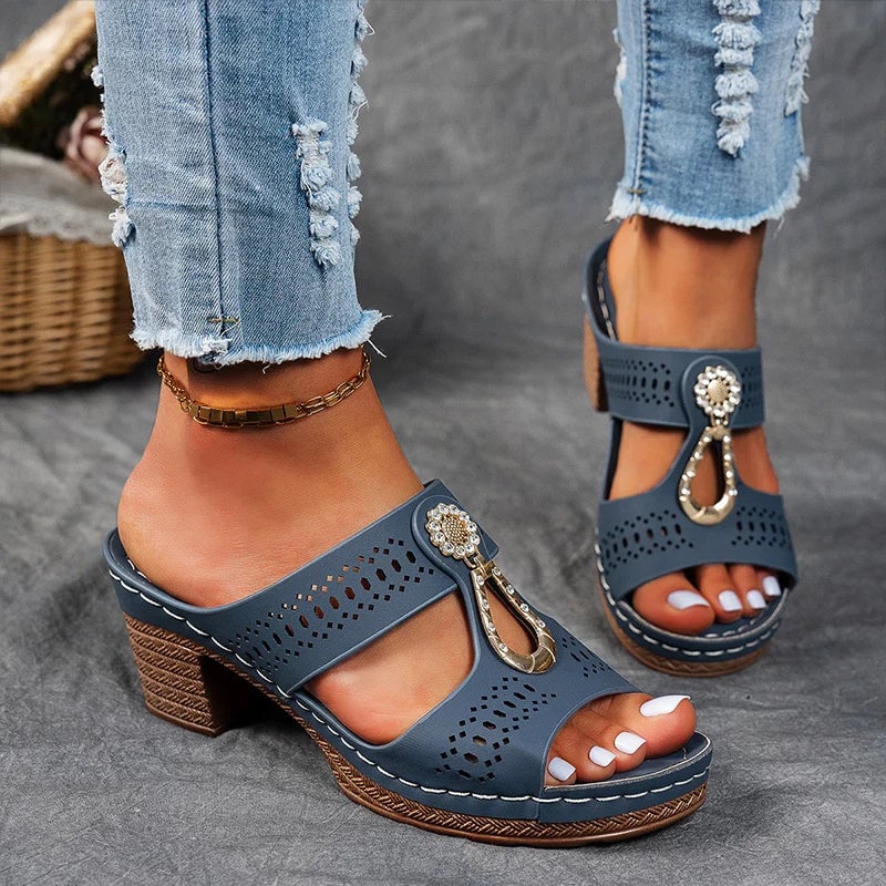 Women's slip-on wedge sandals in all four colors: black, blue, khaki, and pink