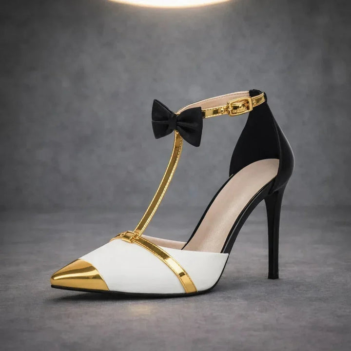 Katarina lavender ankle strap stilettos, rear view showing heel height